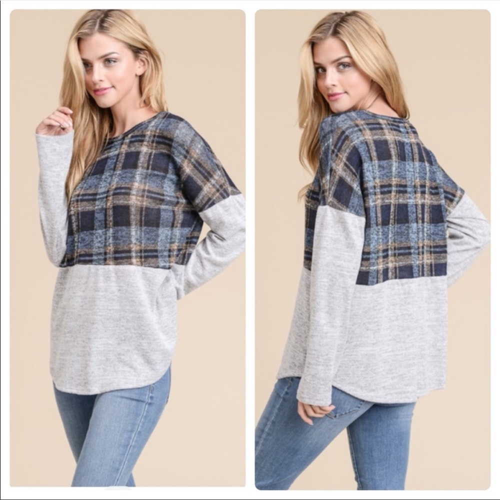 Plaid and gray long sleeved top